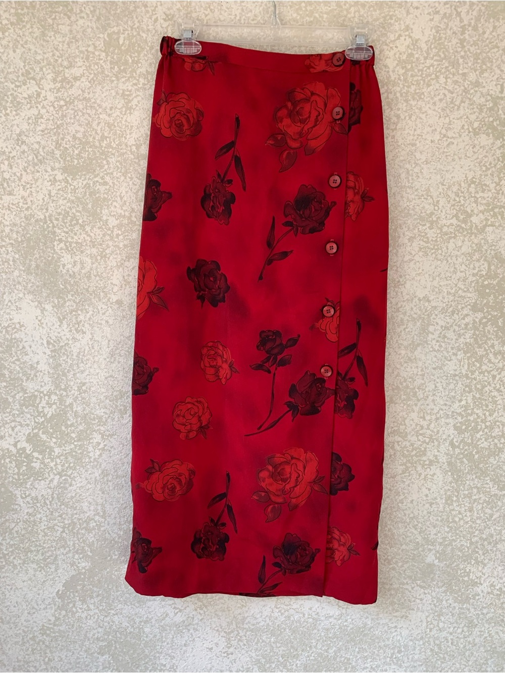 Vintage Red Rose Floral Button Down Long Skirt Size 10 Made in USA